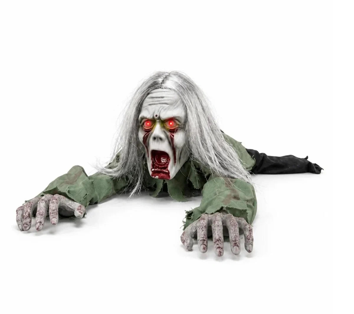 The Crawler animatronic crawling zombie, Long Hair head with glowing red eyes