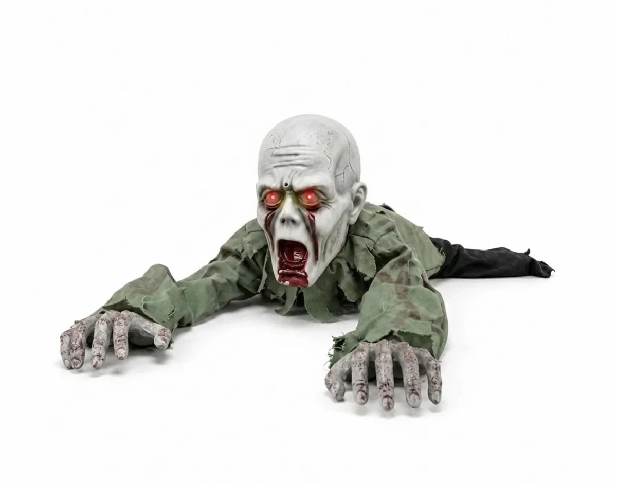 The Crawler animatronic crawling zombie, Bald head with glowing red eyes