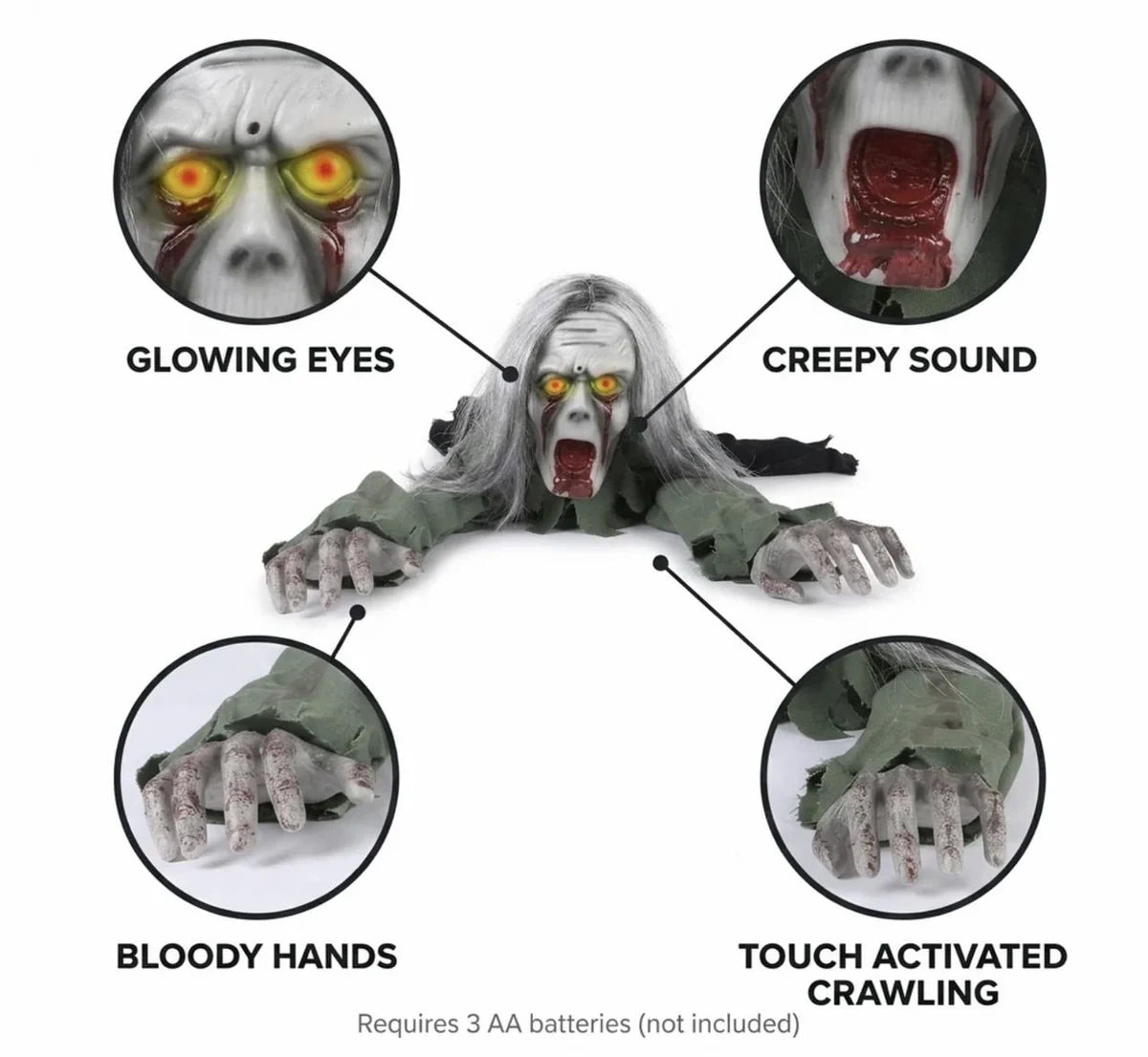 Glowing eyes, creepy sound, bloody hands and touch-activated crawling